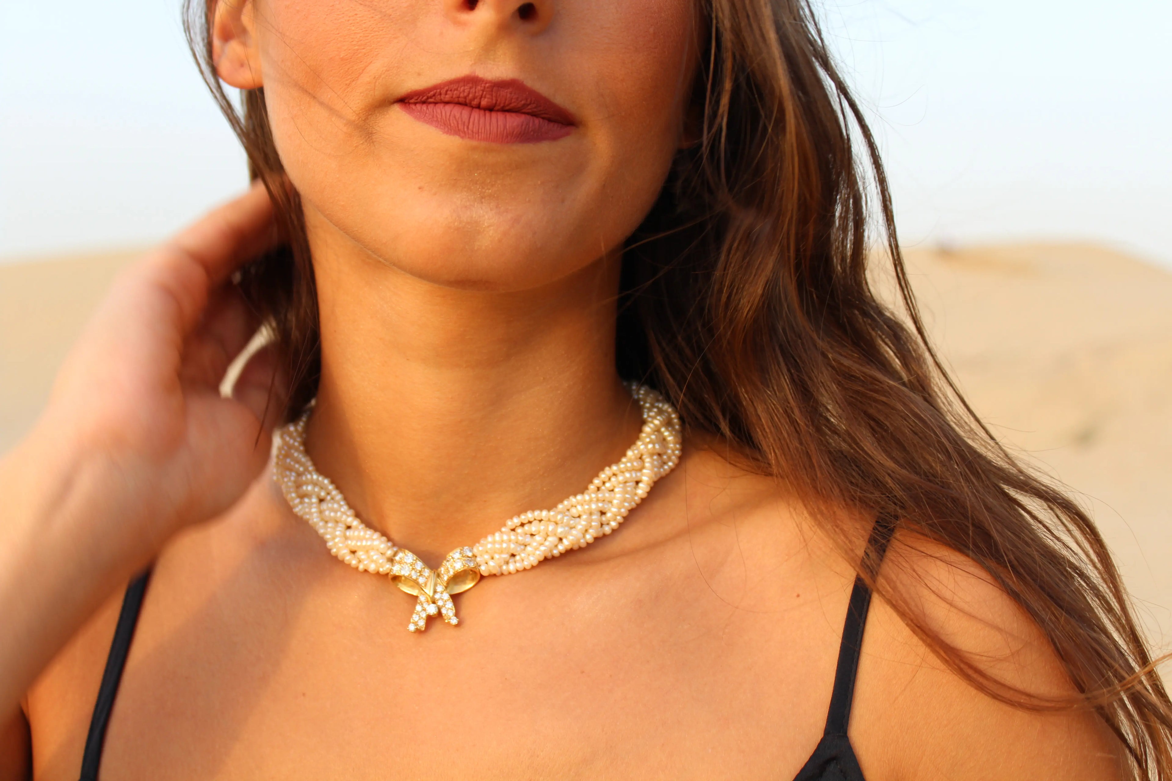 Diamond Bow Pearl Necklace