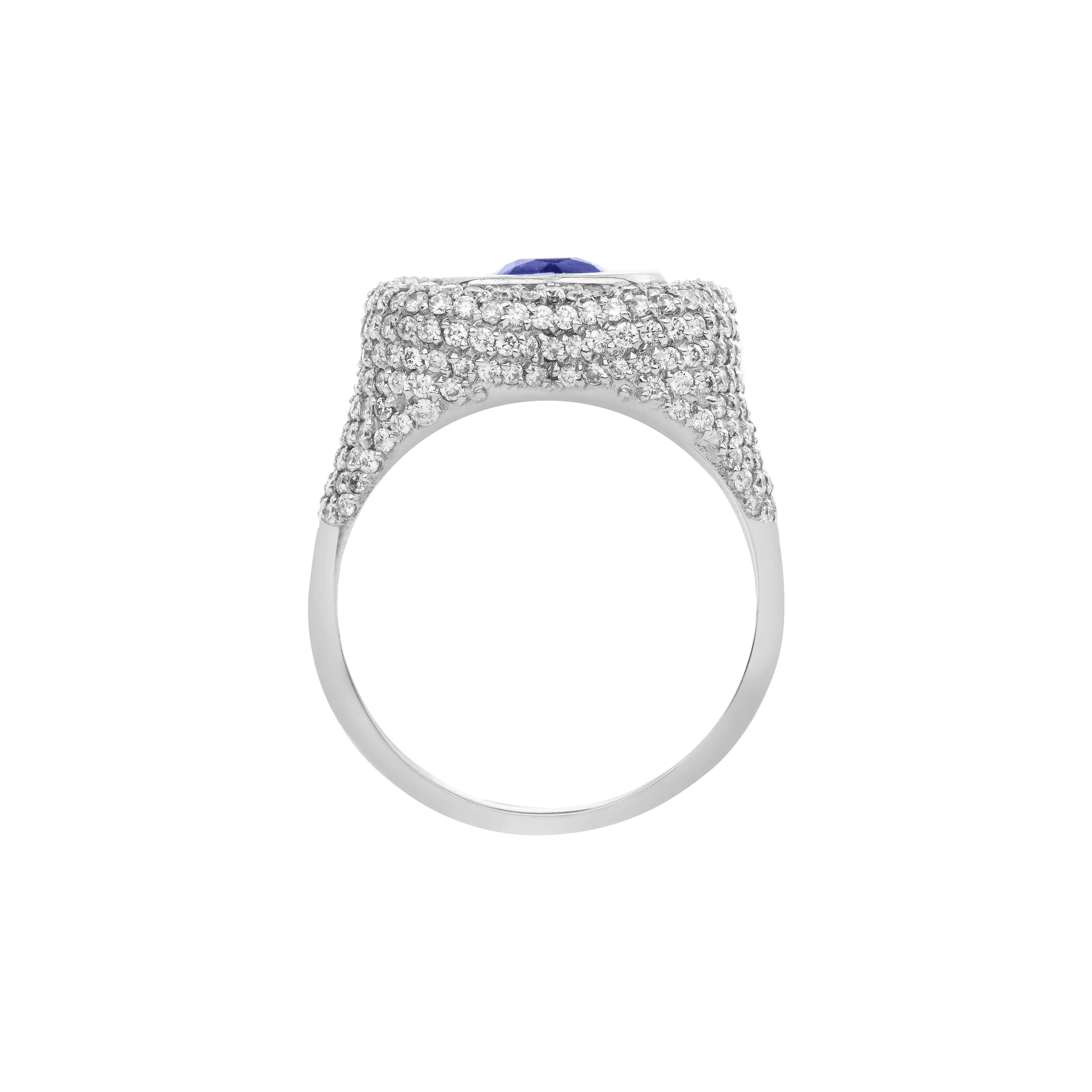 Silver ring with a blue gemstone and diamond accents on a white background