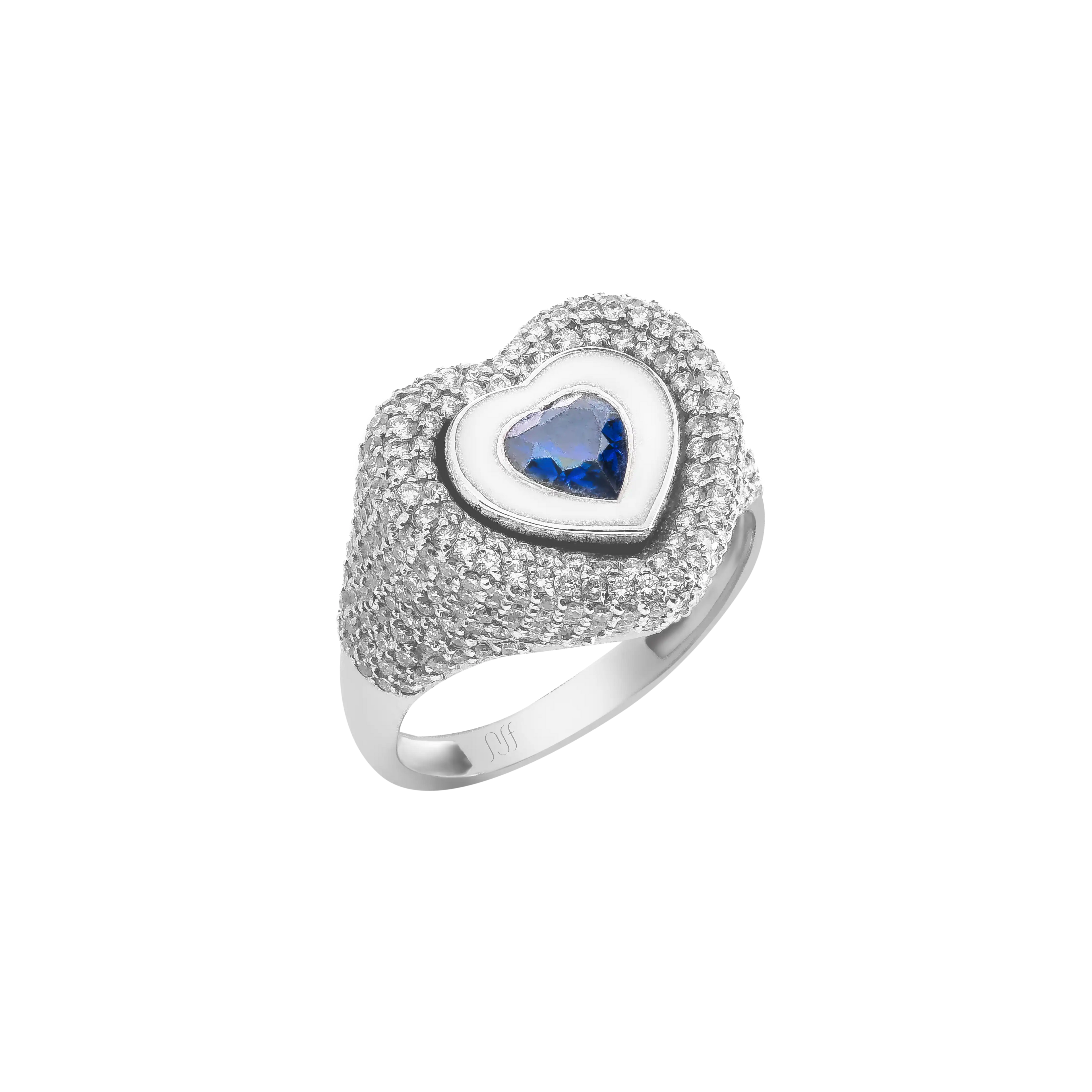 Heart-shaped ring with a blue gemstone on a white background